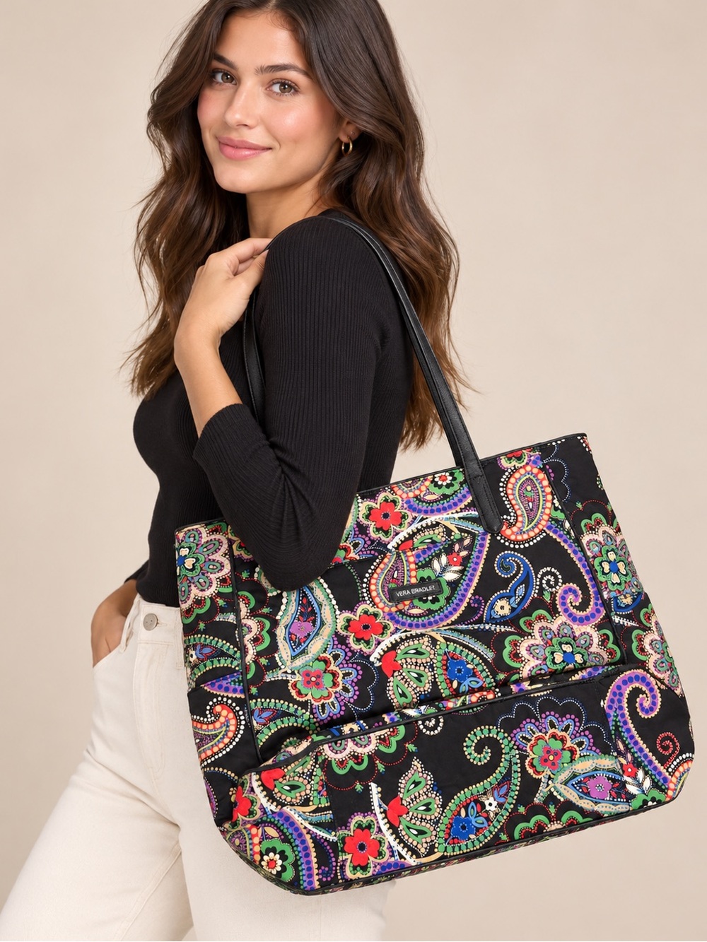 Colorful Paisley Print Tote Bag - Black